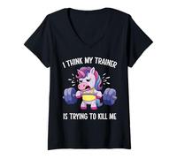 Mujer Creo Que mi Entrenador está Tratando de matarme Funny Unicorn Gym Camiseta Cuello V