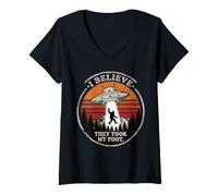 Mujer Creo Que tomaron mi pie Bigfoot OVNI Extraterrestre Secuestro Broma Camiseta Cuello V