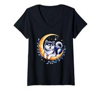 Mujer Crescent Moon Japanese Akita Inu Camiseta Cuello V