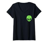 Mujer Creyentes de ovnis y fanáticos del Espacio en el Bolsillo con Estampado de Cabezas de alienígenas Camiseta Cuello V