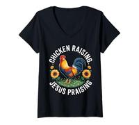 Mujer Crianza de pollos y Jesús alabando a las mujeres cristianas católicas Camiseta Cuello V