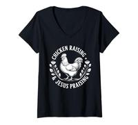 Mujer Crianza de pollos y Jesús alabando a las mujeres cristianas católicas Camiseta Cuello V