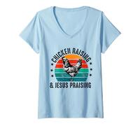 Mujer crianza de pollos y jesús alabando Chicken Christian Camiseta Cuello V