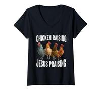 Mujer crianza de pollos y jesús alabando Chicken Christian Camiseta Cuello V