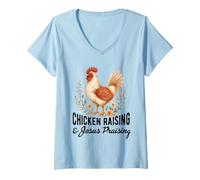 Mujer crianza de pollos y jesús alabando Chicken Christian Camiseta Cuello V