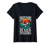 Mujer crianza de pollos y jesús alabando Chicken Christian Camiseta Cuello V