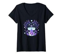 Mujer Criatura Marina Bebiendo té Boba Kawaii Lindo Divertido Camiseta Cuello V