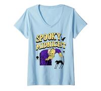 Mujer Criatura Zombi Medianoche Gato Asustado Halloween Camiseta Cuello V
