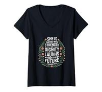 Mujer Cristiana Fuerza Dignidad Ríe Futuro Camiseta Cuello V