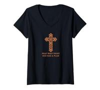 Mujer Cristiano basado en la fe Orar Espera Confía en Dios Tiene Un Plan Cruz Camiseta Cuello V