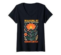 Mujer Cristiano Jesús Fe caminando por fe tropezando constantemente Camiseta Cuello V