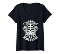 Mujer Cristiano Motociclista Blood Bought Heaven Bound Camiseta Cuello V