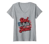 Mujer Cristianos Patrióticos Rojo Blanco Jesús Camiseta Cuello V