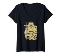 Mujer Cristo es Rey - Declaración de fe cristiana del león y la cruz Camiseta Cuello V