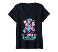 Mujer Cristo es Suficiente Cristiano Buen Pastor Jesús Moderno Pastel Camiseta Cuello V