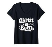 Mujer Cristo ha Nacido Navidad Retro Groovy Christian Holiday Camiseta Cuello V