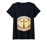 Mujer Cristo ha resucitado verdaderamente Él ha resucitado Cristiano Pascua Mujeres Camiseta Cuello V