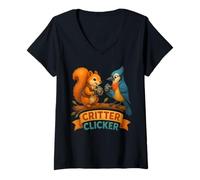 Mujer Critter Clicker Ardilla Pájaro Fotografía Diversión Camiseta Cuello V