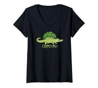 Mujer Croccoli Funny Food Juego de Palabras Cocodrilo Brócoli Veggie Camiseta Cuello V