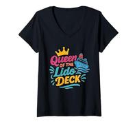 Mujer Crucero de cubierta Reina del Lido Diversión Crucero Vacaciones Camiseta Cuello V