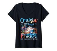 Mujer Cruisin a través de 14 años 14 Aniversario Crucero Viaje Pareja Camiseta Cuello V