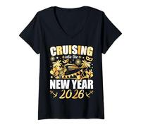 Mujer Cruising Into 2026 Fiesta de Año Nuevo Favores Vacaciones Familiares Camiseta Cuello V