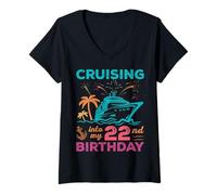Mujer Cruising Into My 22nd Birthday Squad Vacaciones en Crucero Camiseta Cuello V