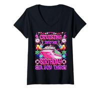 Mujer Cruising Into My Birthday - Camiseta divertida de crucero Sea You There Camiseta Cuello V