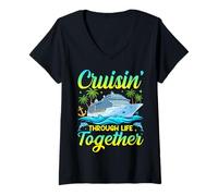 Mujer Cruising Through Life Together Viaje en Crucero Familiar Vintage Camiseta Cuello V