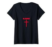 Mujer Cruz bendita sutil minimalista Fe cristiana religiosa Camiseta Cuello V