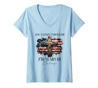 Mujer Cruz con la Bandera de Christian Patriot «Una nación bajo Dios» 250 Camiseta Cuello V