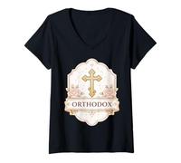 Mujer Cruz Cristiana ortodoxa Oriental Oriental para Mujer y niña Floral Camiseta Cuello V