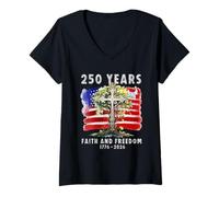 Mujer Cruz Cristiana patriótica de la Bandera de la Libertad de fe de 250 años Camiseta Cuello V