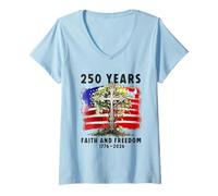 Mujer Cruz Cristiana patriótica de la Bandera de la Libertad de fe de 250 años Camiseta Cuello V