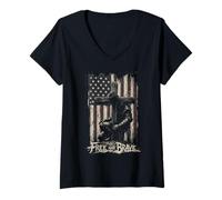 Mujer Cruz de Bandera Americana Libre y Valiente Cristiana patriótica Camiseta Cuello V