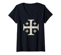Mujer Cruz de Jerusalén de los Caballeros templarios, Color Blanco Envejecido Camiseta Cuello V
