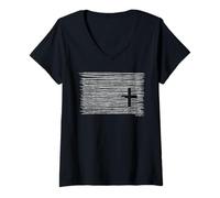 Mujer Cruz Mínima Cristiana Fe Adoración Lector de Biblia Orando Camiseta Cuello V