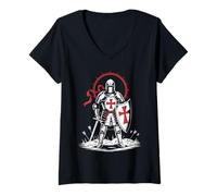 Mujer Cruzada Caballero Medieval Inglaterra Inglés San Jorge Histórico Camiseta Cuello V