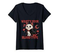 Mujer ¿Cuál es tu Tipo de Sangre Flebotomista de Donante de Sangre de Gato Vampiro Camiseta Cuello V