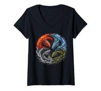 Mujer Cuatro Elementos Dragones Yin Yang Fuego Agua Tierra Aire Regalos Camiseta Cuello V