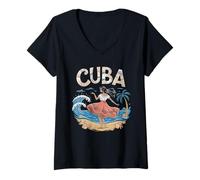 Mujer Cuba Vestido Camiseta Niña Cubana Flores Tropicales Heritage Camiseta Cuello V