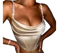 Mujer Cuero PU Y2K Crop Tops Cami Camiseta sin Mangas Verano Mujeres Tirantes Espagueti Bustier Corsé Chaleco Corto Monocolor Camiseta de tirantes Streetwear Clubwear Cuero Top, F caqui., L