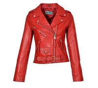 Mujer Cuero Real Biker Chaqueta Casual Ajustado Retro Brando Estilo MIA Rojo (Large)