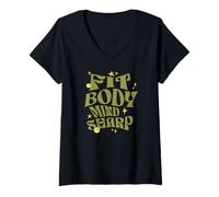 Mujer Cuerpo Fuerte Mente Clara Humor Retro para Bienestar Camiseta Cuello V