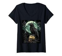 Mujer Cuervo Calavera Luna Hombre Gótico Sombrío Mujer Cuervo Camiseta Cuello V