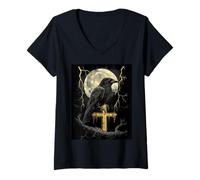 Mujer Cuervo Cruz Luna Hombre Gótico Sombrío Mujer Cuervo Camiseta Cuello V