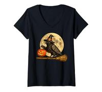 Mujer Cuervo Cuervo Sombrero de Bruja Jack O Lantern Calabaza Luna Escoba Camiseta Cuello V
