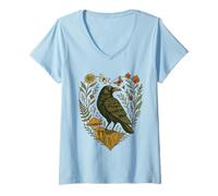 Mujer Cuervo Entre Flores Y Setas Folk Gótico Camiseta Cuello V
