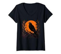 Mujer Cuervo gótico Cosecha Naranja Luna Campo de maíz Halloween Camiseta Cuello V
