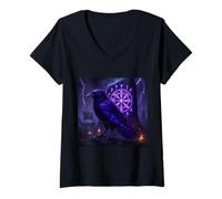 Mujer Cuervo Vikingo Hugin & Munin Runas vikingas Árbol de la Vida Camiseta Cuello V